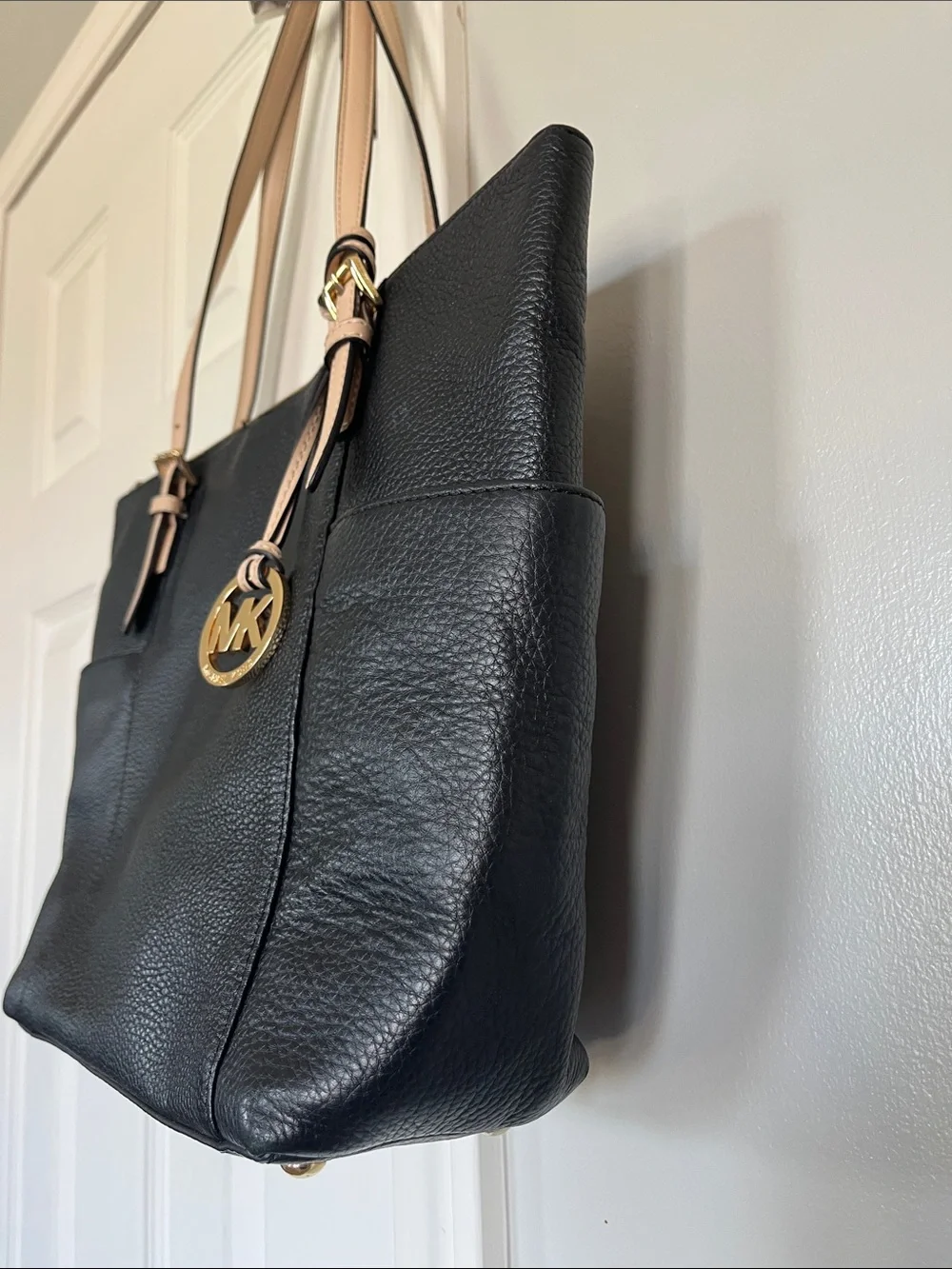 Michael Kors Jet Set Black Leather Tote with Tan Straps and Gold MK Charm